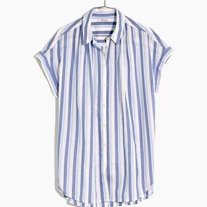 Light and breezy blue and white striped Madewell button-down blouse.